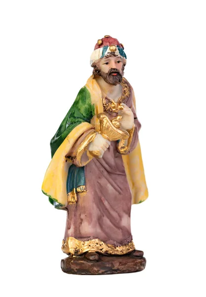 Magia Natal Figura Cerâmica Melchior Dos Homens Sábios Isolado Fundo — Fotografia de Stock