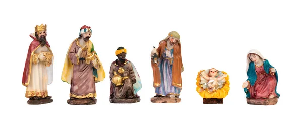 神聖な家族と3人の王が白い背景に隔離されたキリスト降誕シーン — ストック写真