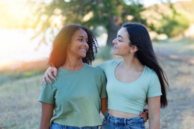 Çok ırklı arkadaşlar yazın birlikte güzel bir gün geçiriyorlar.