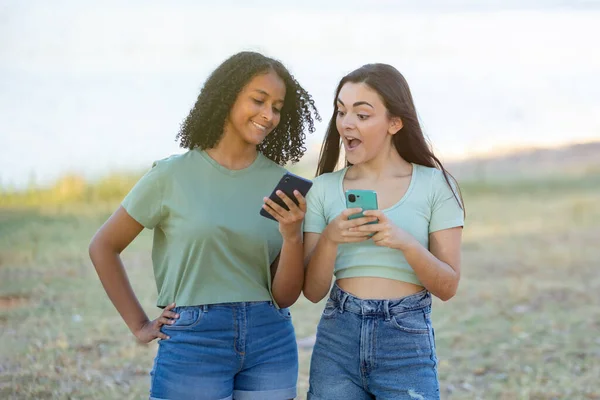 Amigos Felices Mirando Teléfono Inteligente Durante Día Verano — Foto de Stock