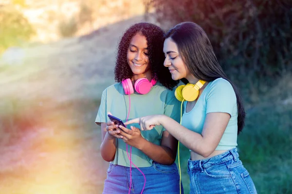 Gelukkige Vrienden Zoek Naar Smartphone Kleurrijke Hoofdtelefoon Tijdens Een Zomerdag Stockfoto