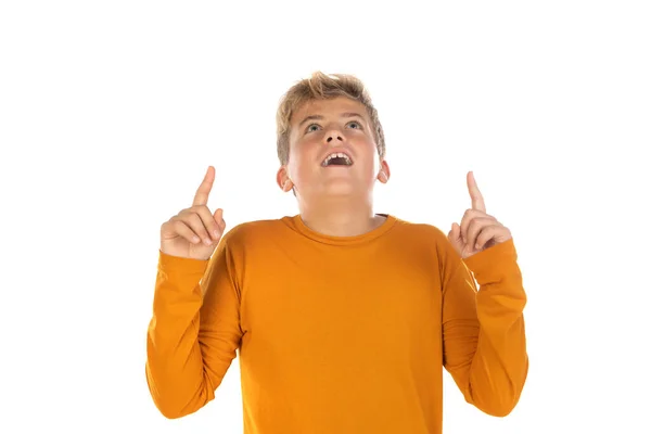 Teenager Orangefarbenem Shirt Auf Weißem Hintergrund — Stockfoto