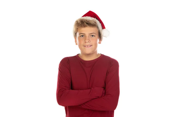 Χριστουγεννιάτικο Έφηβος Αγόρι Σάντα Κόκκινο Καπέλο Απομονώνονται Λευκό Φόντο Ευτυχισμένα — Φωτογραφία Αρχείου