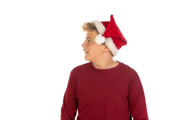 圣诞少年戴着圣诞老人的红帽子 背景是白色的 圣诞快乐 新年快乐 — 图库照片