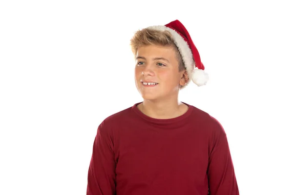 サンタ赤い帽子のクリスマスの10代の男の子は白い背景に隔離された 幸せなクリスマスと新年 — ストック写真