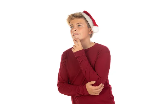 Natale Teen Boy Santa Cappello Rosso Isolato Sfondo Bianco Buon — Foto Stock
