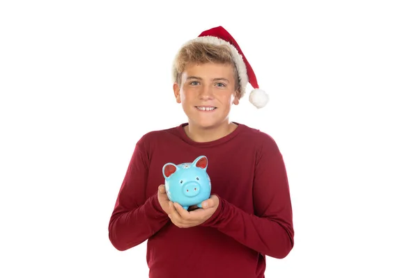Christmas Teen Boy Santa Red Hat Isolated White Background Happy — Stock Photo, Image