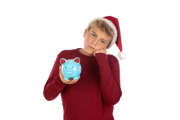 Vánoční Teen Chlapec Santa Červený Klobouk Izolované Bílém Pozadí Šťastné — Stock fotografie