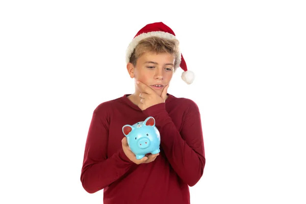サンタ赤い帽子のクリスマスの10代の男の子は白い背景に隔離された 幸せなクリスマスと新年 — ストック写真