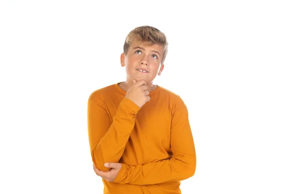 Adolescente Pensieroso Shirt Arancione Sfondo Bianco — Foto Stock