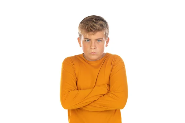 Seriös Tonåring Orange Shirt Vit Bakgrund — Stockfoto