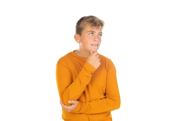 Pensive Tiener Oranje Shirt Een Witte Achtergrond — Stockfoto