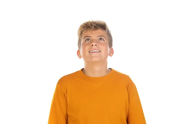 Pensive Teenager Oranžovém Tričku Bílém Pozadí — Stock fotografie