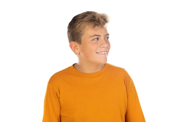Adolescente Pensativa Camiseta Naranja Sobre Fondo Blanco —  Fotos de Stock