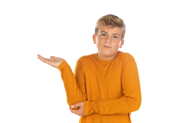 Unentschlossene Teenager Orangefarbenem Shirt Auf Weißem Hintergrund — Stockfoto