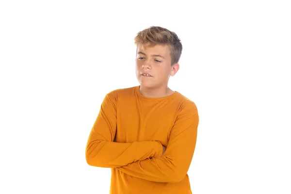 Adolescente Pensativa Camiseta Naranja Sobre Fondo Blanco — Foto de Stock