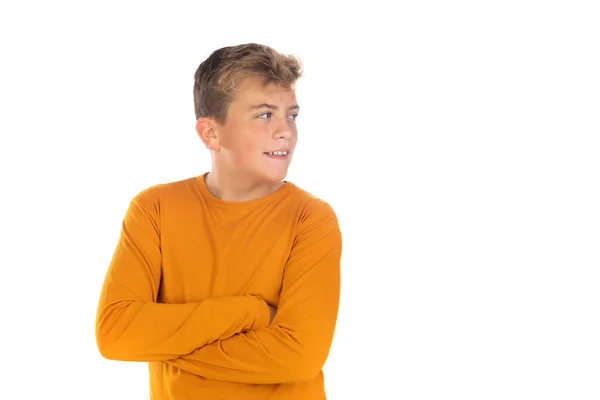Pensive Teenager Oranžovém Tričku Bílém Pozadí — Stock fotografie