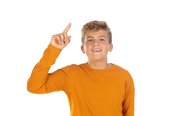 Teenager Oranžovém Tričku Bílém Pozadí — Stock fotografie
