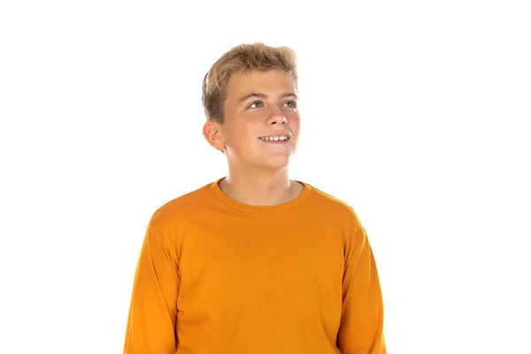 Adolescent Pensif Shirt Orange Sur Fond Blanc — Photo