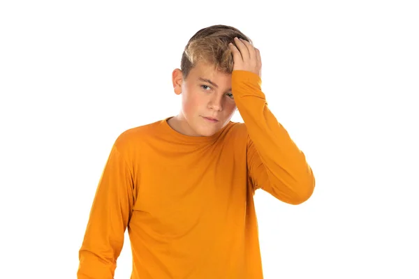 Adolescente Camiseta Laranja Fundo Branco — Fotografia de Stock