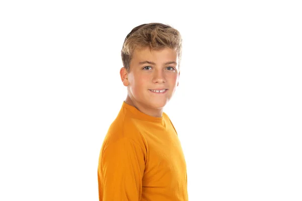 Beyaz Arka Planda Turuncu Tişörtlü Bir Genç — Stok fotoğraf