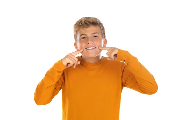 Adolescente Camiseta Laranja Fundo Branco — Fotografia de Stock