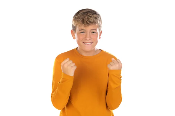 Подросток Оранжевой Футболке Белом Фоне — стоковое фото
