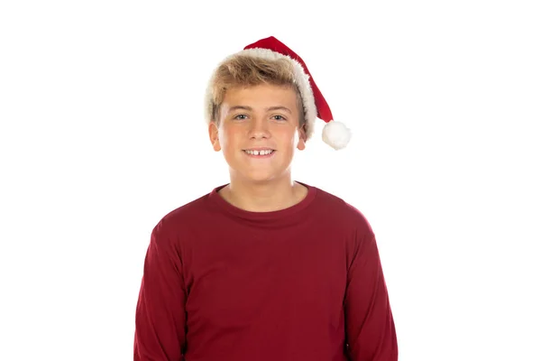 Christmas Teen Boy Santa Red Hat Isolated White Background Happy Stock Image