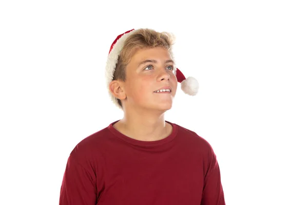 Kerst Tiener Jongen Santa Rode Hoed Geïsoleerd Witte Achtergrond Gelukkig Stockfoto