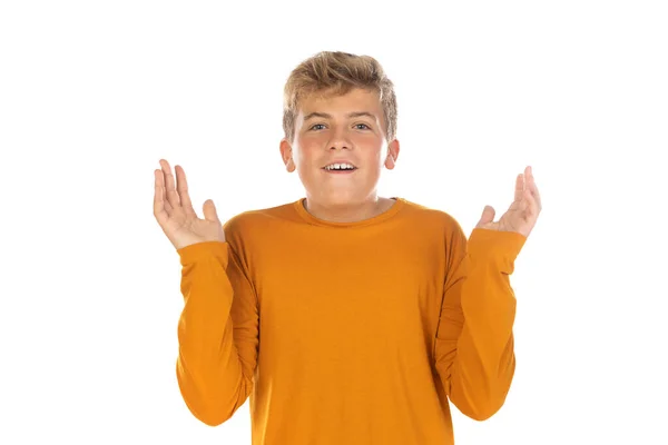 Tonåring Orange Shirt Vit Bakgrund Stockfoto