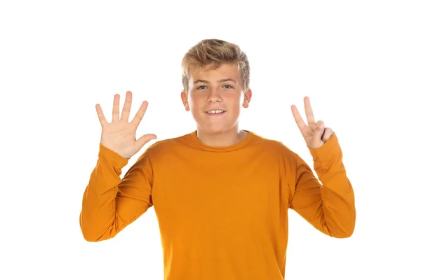 Teenager Orangefarbenem Shirt Auf Weißem Hintergrund Stockbild