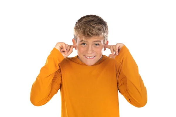 Teenager Orangefarbenem Shirt Auf Weißem Hintergrund Stockbild
