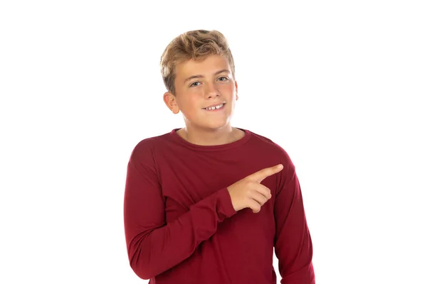 Ξανθός Έφηβος Αγόρι Κόκκινο Shirt Απομονώνονται Λευκό Φόντο — Φωτογραφία Αρχείου