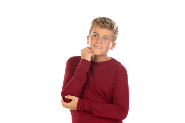 Ξανθός Έφηβος Αγόρι Κόκκινο Shirt Απομονώνονται Λευκό Φόντο — Φωτογραφία Αρχείου