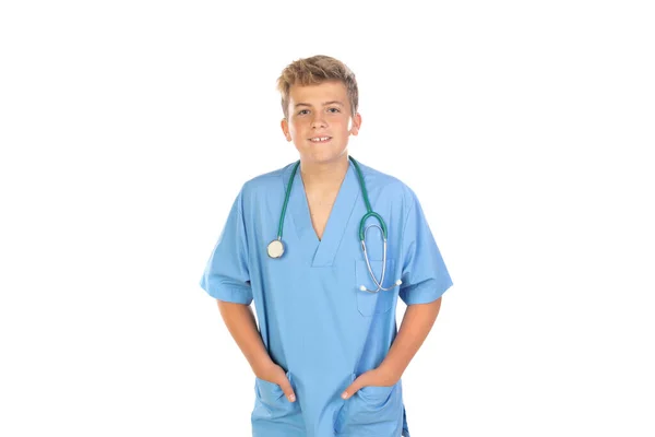 Młody Lekarz Niebieskim Mundurze Odizolowany Białym Tle — Zdjęcie stockowe