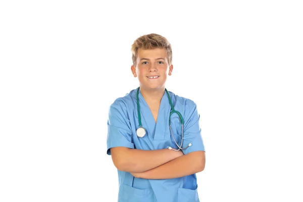 Fiatal Orvos Kék Egyenruhával Elszigetelt Fehér Háttér — Stock Fotó
