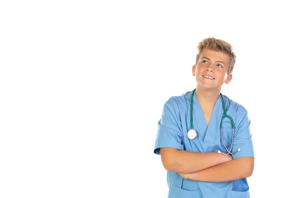 Junger Arzt Mit Blauer Uniform Isoliert Auf Weißem Hintergrund — Stockfoto