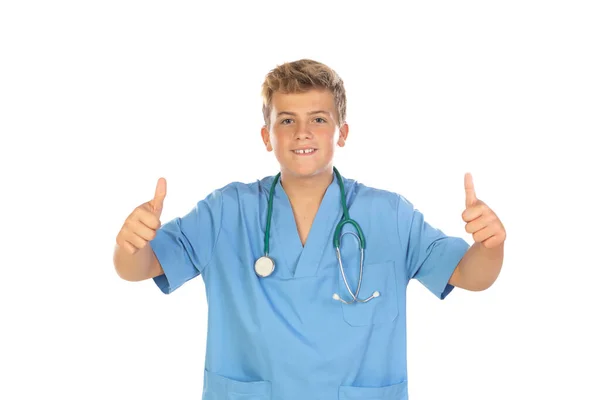 Médico Jovem Com Uniforme Azul Isolado Fundo Branco — Fotografia de Stock