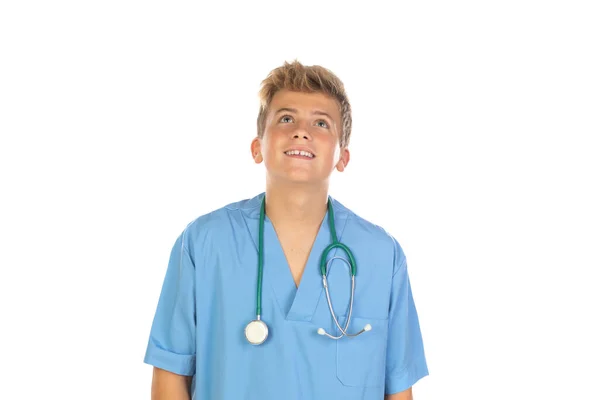 Młody Lekarz Niebieskim Mundurze Odizolowany Białym Tle — Zdjęcie stockowe