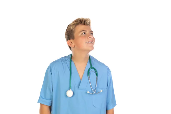 Médico Jovem Com Uniforme Azul Isolado Fundo Branco — Fotografia de Stock