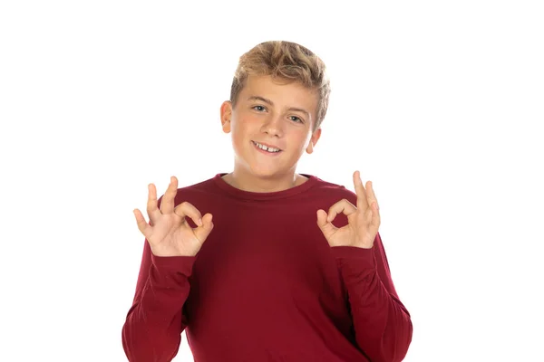 Blondýny Teenager Chlapec Červeným Tričkem Izolované Bílém Pozadí Stock Obrázky