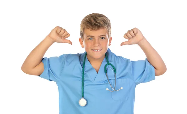 Ung Läkare Med Blå Uniform Isolerad Vit Bakgrund Royaltyfria Stockfoton