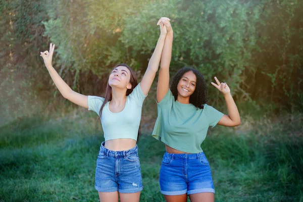 Two Girls Friends Countryside Enjoying Beautiful Day Stock Picture