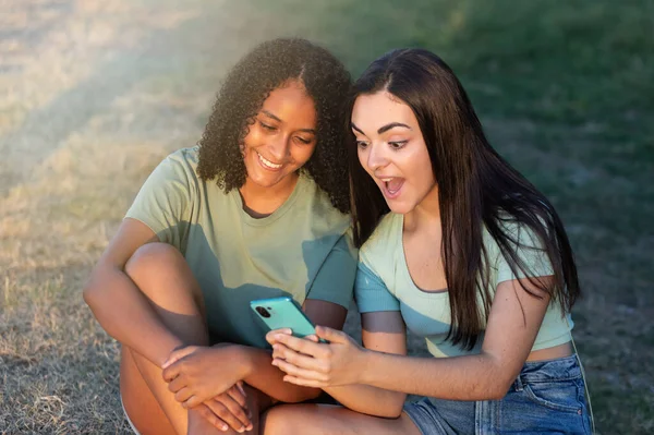 田舎でスマートフォンを探している2人の親友彼らの自由な時間を過ごす ロイヤリティフリーのストック写真