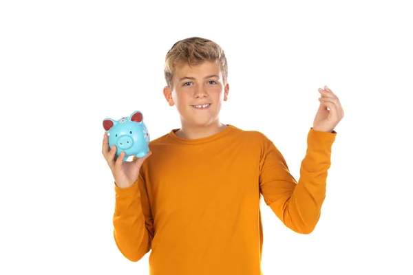 Blond Tonåring Pojke Med Gul Shirt Isolerad Vit Bakgrund Stockfoto