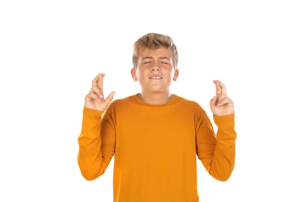 Blondýny Teenager Chlapec Žlutým Tričkem Izolované Bílém Pozadí Stock Fotografie