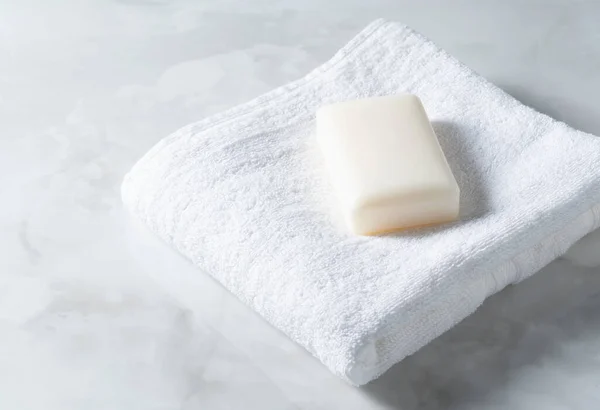 White Towel Solid Soap Placed Marble Background — Stock Photo, Image