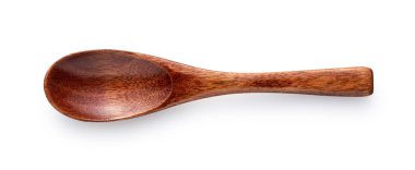 Glossy wooden spoon placed on white background.Viewed from directly above.