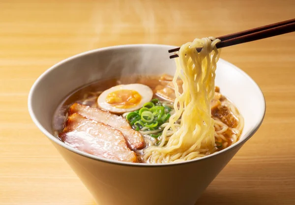 Hot Ramen Noodles Steamy Water Table Scoop Chopsticks Stockbild