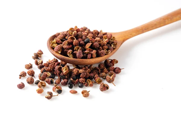 Sichuan Pepper Wooden Spoon Set White Background Sichuan Pepper Member — Stock Photo, Image